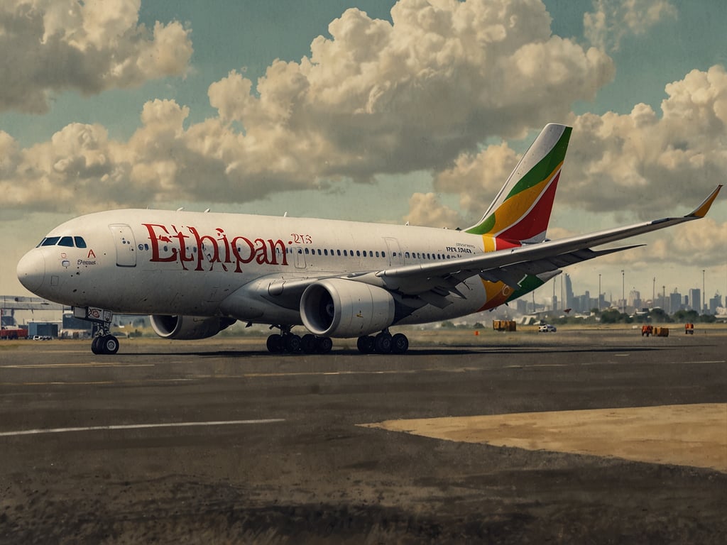 Auf dem Bild ist ein Flugzeug von Ethiopian Airlines zu sehen. Es steht auf einer Landebahn, umgeben von Wolken und der Skyline einer Stadt im Hintergrund. Der Schriftzug 