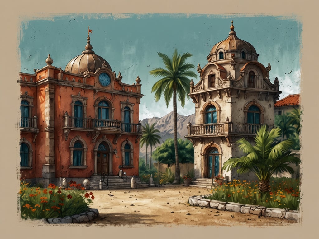 Auf dem Bild sind zwei historische Gebäude zu sehen, die im orientalischen Stil erbaut sind. Das linke Gebäude hat eine markante Kupferkuppel und eine große Uhr an der Fassade, während das rechte Gebäude eine elegante Balkonveranda und kunstvolle Verzierungen aufweist. Umgeben sind die Gebäude von tropischer Vegetation, einschließlich Palmen und bunten Blumen. Diese Szenerie könnte perfekt für ein Flugreisebüro sein, das exotische Reiseziele oder historische Stätten anbietet. Einladende Atmosphäre und architektonische Schönheit könnten potenzielle Kunden inspirieren, ihre nächste Reise zu buchen.