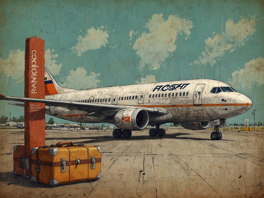 Auf dem Bild ist ein Flugzeug zu sehen, das auf einem Flughafen steht. Daneben befindet sich ein großes, orangefarbenes Gepäckstück sowie ein Markierungsschild mit einer Inschrift. Das Flugzeug scheint älter zu sein und hat eine farbige Lackierung. Die gesamte Szene vermittelt eine nostalgische Atmosphäre, die an vergangene Zeiten der Luftfahrt erinnert. Dieses Bild könnte gut zu einer Flugreservierung passen, da es die Reisevorfreude und das Abenteuer des Fliegens symbolisiert.