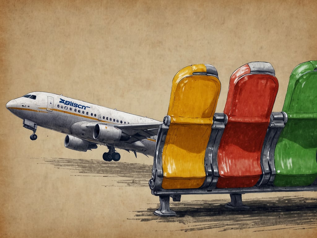 Auf dem Bild ist ein Flugzeug zu sehen, das im Landeanflug ist, sowie eine Reihe von Sitzplätzen in verschiedenen Farben (gelb, rot, grün). Der Flugzeugalphabet lautet 