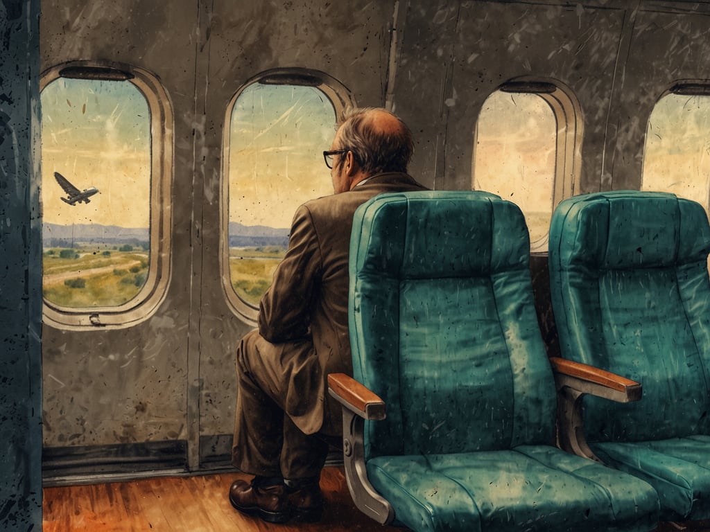 Auf dem Bild ist eine Person zu sehen, die in einem Flugzeug sitzt und aus dem Fenster schaut. Der Hintergrund zeigt eine Landschaft und ein weiteres Flugzeug, das im Anflug ist. Die Szenerie vermittelt eine ruhige, aber möglicherweise nachdenkliche Stimmung. Für jemanden mit Flugangst könnte der Anblick des anfliegenden Flugzeugs zusätzliches Unbehagen hervorrufen, während sie über die bevorstehende Reise nachdenken. Die Einsamkeit des Passagiers könnte die innere Anspannung und die Gedanken über die Flugsituation verstärken.