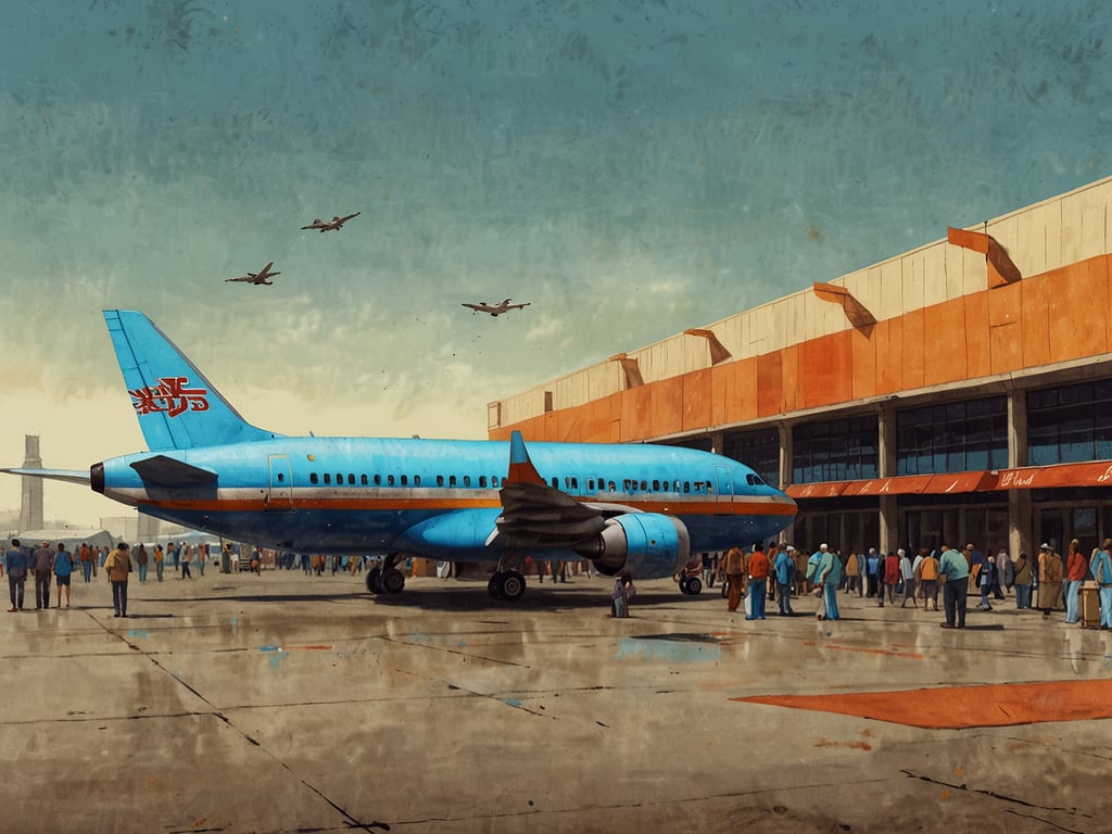 Auf dem Bild ist ein Flughafen zu sehen, auf dem ein blauer Flugzeugtyp steht. Viele Menschen sind in einer Schlange vor einem Gebäude, das wahrscheinlich ein Terminal ist. Im Hintergrund fliegen weitere Flugzeuge am Himmel. Die gesamte Szene vermittelt ein Gefühl von Reise und Verkehr, typisch für eine Flugbörse.