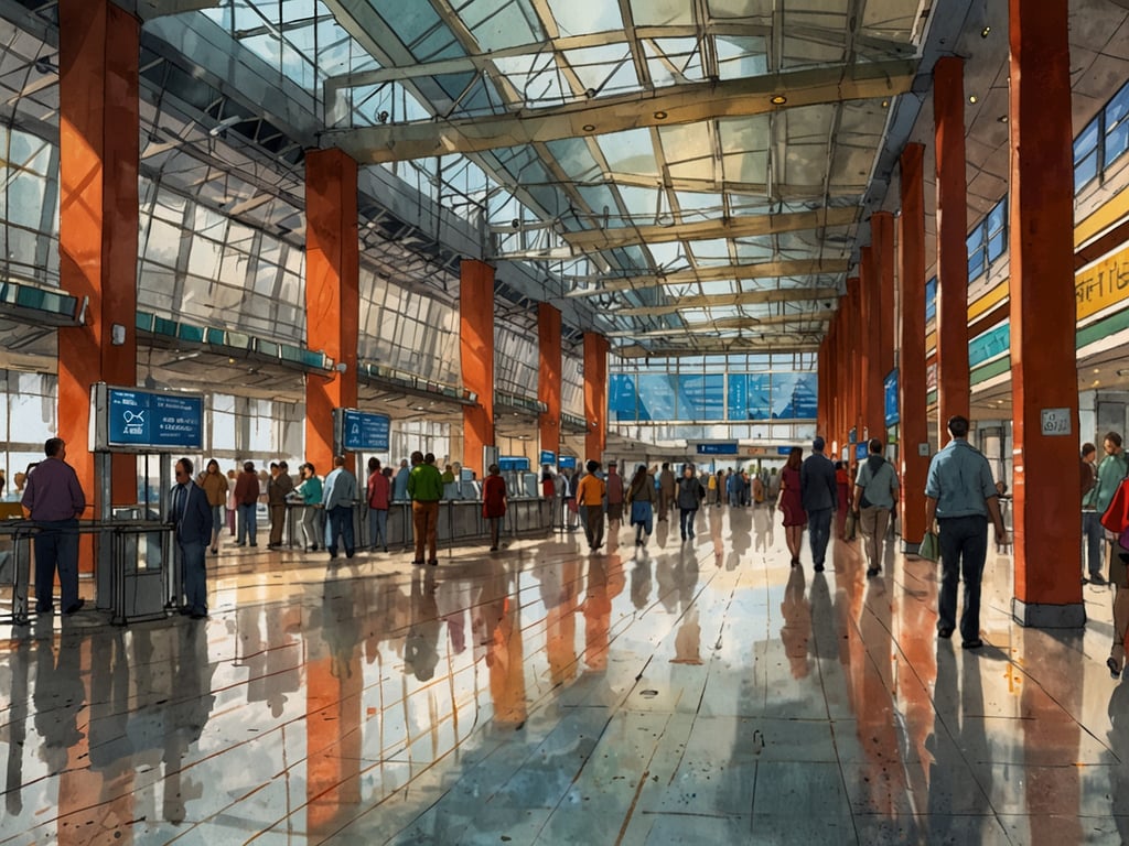 Auf dem Bild ist ein Flughafen-Terminal zu sehen. Es zeigt viele Menschen, die sich in einem großen Raum mit hohen Fenstern und bunten Säulen bewegen. Es gibt Check-in-Schalter und Anzeigetafeln, auf denen Informationen angezeigt werden. Der Boden spiegelt das Licht und die Menschen wider, was dem gesamten Raum eine lebendige Atmosphäre verleiht.