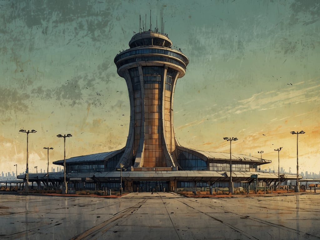 Auf dem Bild ist ein Flughafen Tower zu sehen. Der Tower hat eine charakteristische, moderne Architektur und steht in einem weiten, offenen Bereich, vermutlich einem Parkplatz oder einem Vorfeld eines Flughafens. Die Atmosphäre des Bildes wirkt leicht nostalgisch, vielleicht durch den Farbton und die Textur.