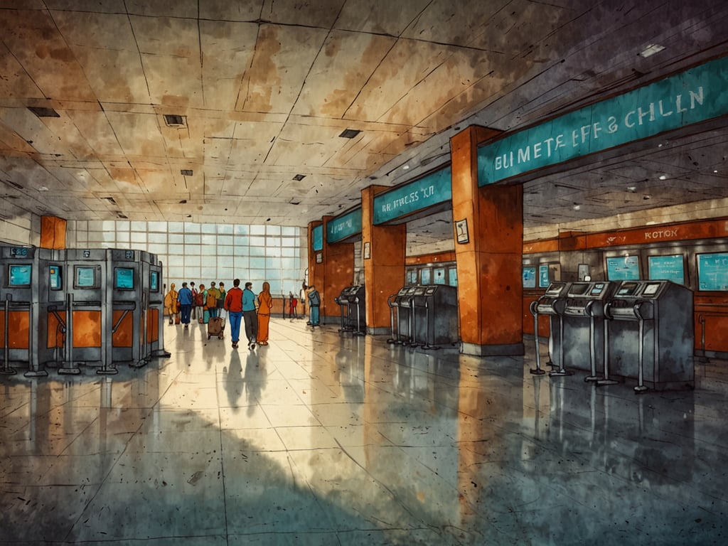 Auf dem Bild ist eine Flughafenszene zu sehen, die die Abfertigungszone zeigt. Hier sind mehrere Check-in-Schalter und Selbstbedienungsterminals für die Flughafenabfertigung. Es gibt eine Gruppe von Passagieren, die in Richtung der Fenster gehen, und der Raum hat große Fenster, die viel Licht hereinlassen. Die Atmosphäre wirkt geschäftig und leicht chaotisch, typisch für einen Flughafen.