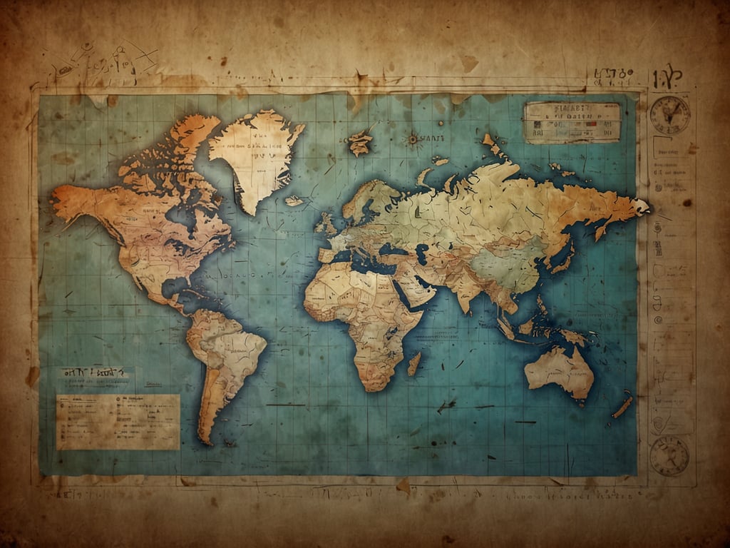 Auf dem Bild ist eine historische Weltkarte zu sehen. Die Karte zeigt die Kontinente und Ozeane der Erde in unterschiedlichen Farben und Schattierungen. Sie hat einen antiken Look mit altertümlichen Beschriftungen und Linien, die an Navigationskarten erinnern. In den Ecken sind verschiedene Informationen und Skalen aufgedruckt, was auf eine Verwendung für maritime oder geografische Zwecke hindeutet. Die Karte vermittelt ein Gefühl von Geschichte und Entdeckungsreisen.