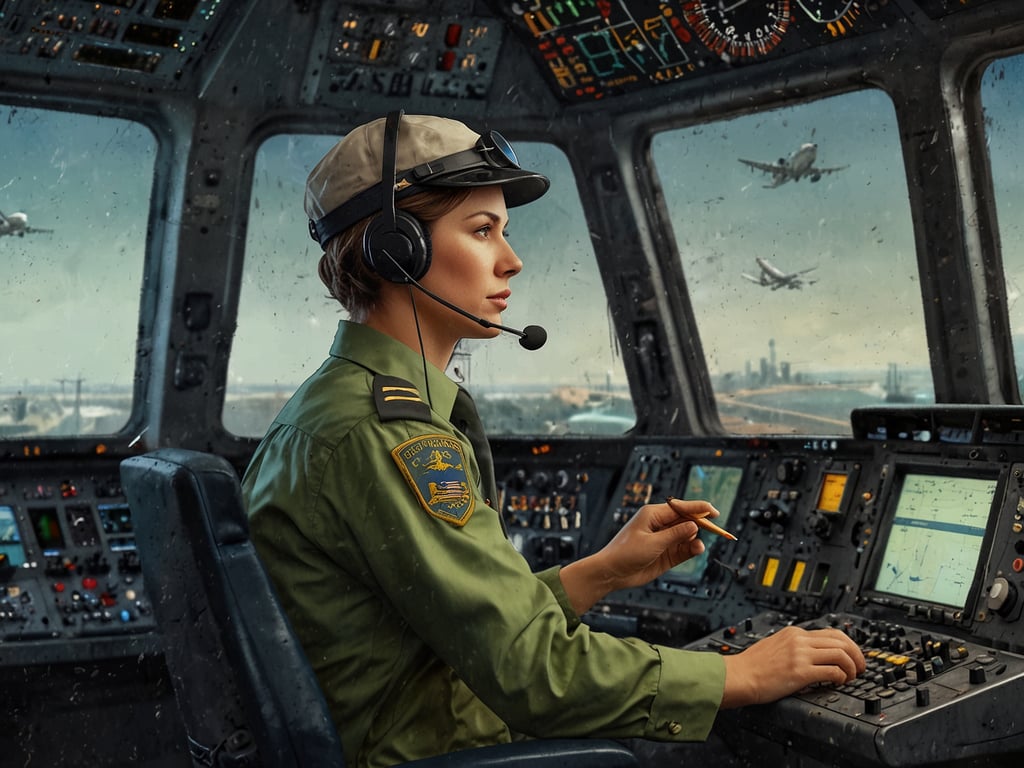Auf dem Bild ist eine Fluglotse in einem Kontrollturm zu sehen. Sie trägt eine uniformartige Kleidung und Kopfhörer. Im Hintergrund sind mehrere Flugzeuge, die im Anflug oder im Abflug sind. Der Kontrollraum ist mit verschiedenen Instrumenten und Bildschirmen ausgestattet, die zur Überwachung des Flugverkehrs dienen. Die Atmosphäre wirkt konzentriert und professionell.