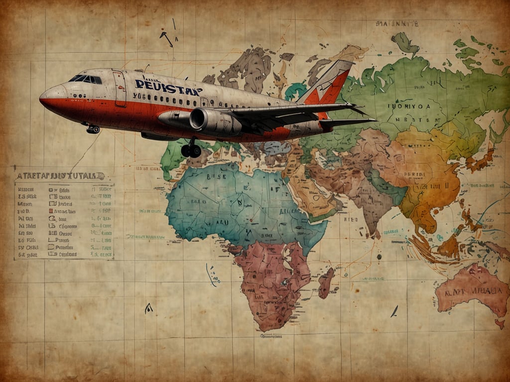 Auf dem Bild ist ein Flugzeug, das über eine stilisierte Weltkarte fliegt. Die Karte zeigt verschiedene Länder und Kontinente in unterschiedlichen Farben. Im linken Bereich des Bildes ist eine Art Flugplan zu sehen, der möglicherweise Flugziele oder Informationen zu Flügen auflistet. Das Flugzeug trägt die Aufschrift 