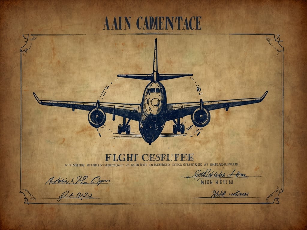 Auf dem Bild ist ein Flugschein (Flight Certificate) zu sehen. Es zeigt eine schematische Darstellung eines Flugzeugs und enthält verschiedene Schriftzüge und Unterschriften. Der Hintergrund sieht aus, als wäre er auf altem Papier gedruckt, was dem Bild einen nostalgischen Charakter verleiht.