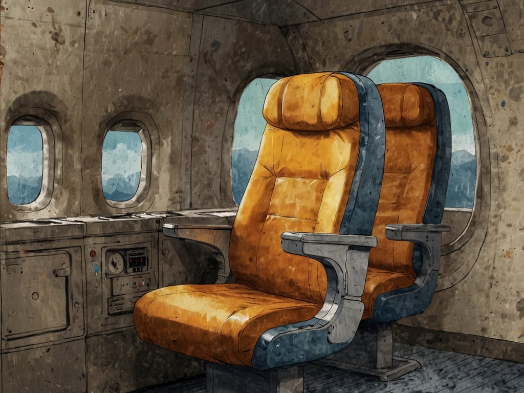 Auf dem Bild sind zwei orangefarbene Sitze in einem Flugzeug zu sehen, die an einem Fenster platziert sind. Der Innenraum wirkt etwas abgenutzt. Fenster geben den Blick auf eine bergige Landschaft im Hintergrund frei. Bei der Nutzung dieser Sitze sollte die Flugsicherheit beachtet werden, insbesondere in Bezug auf Sicherheitsanweisungen während des Fluges, das Anschnallen der Sicherheitsgurte und das Verstehen der Notausgänge.