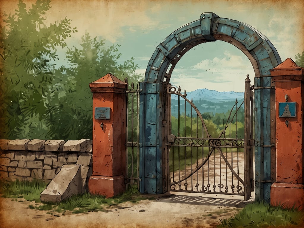 Auf dem Bild ist ein antikes Tor zu sehen, das in einen Garten oder ein Anwesen führt. Das Tor ist aus metallenen Elementen gefertigt und hat ein attraktives Design. Auf der linken Seite befindet sich eine Mauer aus Steinen, die den Eingang umrahmt. Um das Tor herum gibt es viel Grün, was eine natürliche und ruhige Umgebung schafft. Die Aussicht hinter dem Tor zeigt Berge in der Ferne, was dem Bild eine malerische Aussicht verleiht. Es wirkt einladend, aber gleichzeitig auch geheimnisvoll.