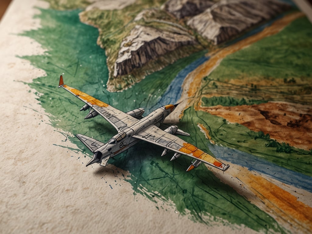 Auf dem Bild ist ein Modellflugzeug zu sehen, das auf einer künstlerisch gestalteten Karte oder Landschaftsdarstellung platziert ist. Die Karte zeigt grüne Wiesen, Berge und einen Fluss, was für eine Flugstrecke in einer malerischen Umgebung steht. Der Fokus liegt auf dem Flugzeug, das wie ein Teil der Landschaft wirkt.