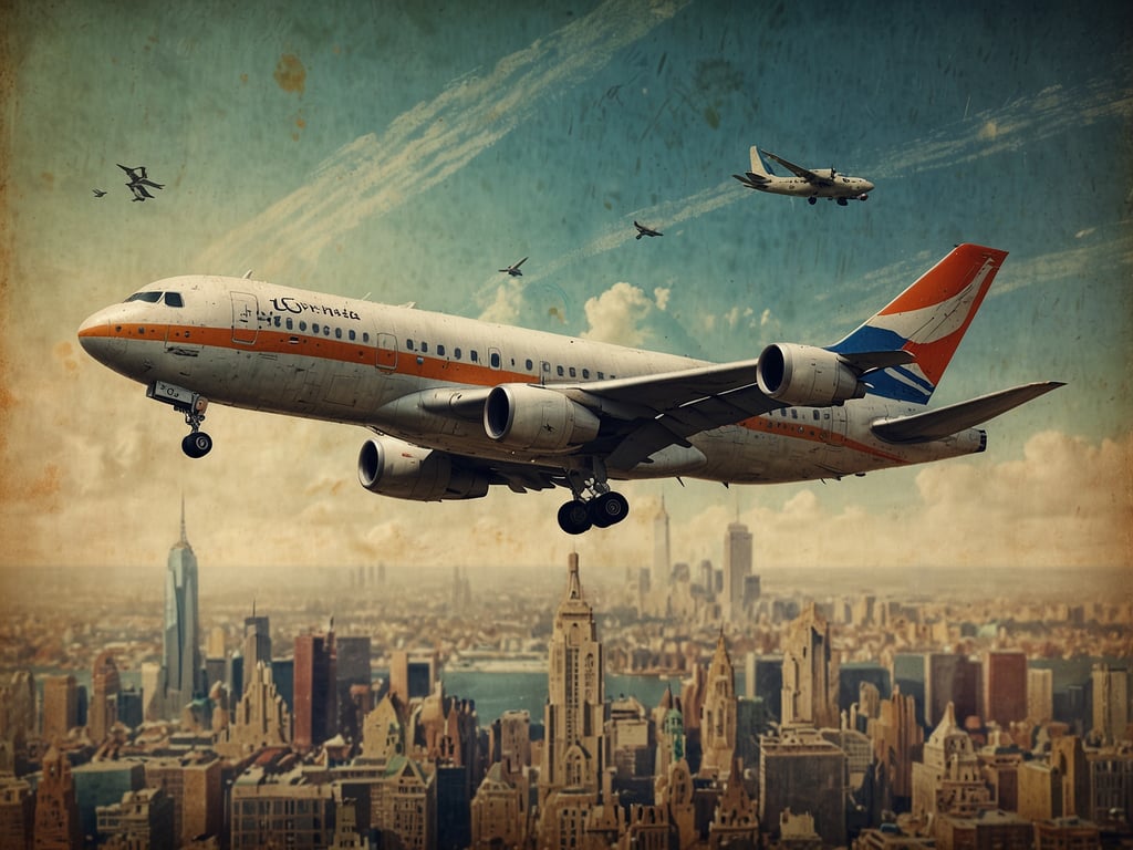 Auf dem Bild ist ein Flugzeug zu sehen, das über einer Stadt fliegt. Es scheint sich um eine während des Fluges befindliche Airliner zu handeln. Im Hintergrund sind Wolken und verschiedene Gebäude zu erkennen, darunter ein markanter Wolkenkratzer, der möglicherweise der One World Trade Center in New York City ist. Die Szenerie vermittelt eine nostalgische Stimmung, unterstrichen durch den vintage-Look des Bildes.