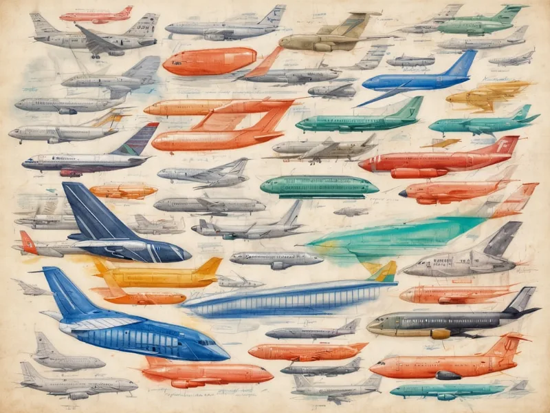Illustration: Sammlung verschiedener Flugzeugmodelle von Airlines in Seitenansicht, geordnet in Reihen, in unterschiedlichen Farben und Designs.