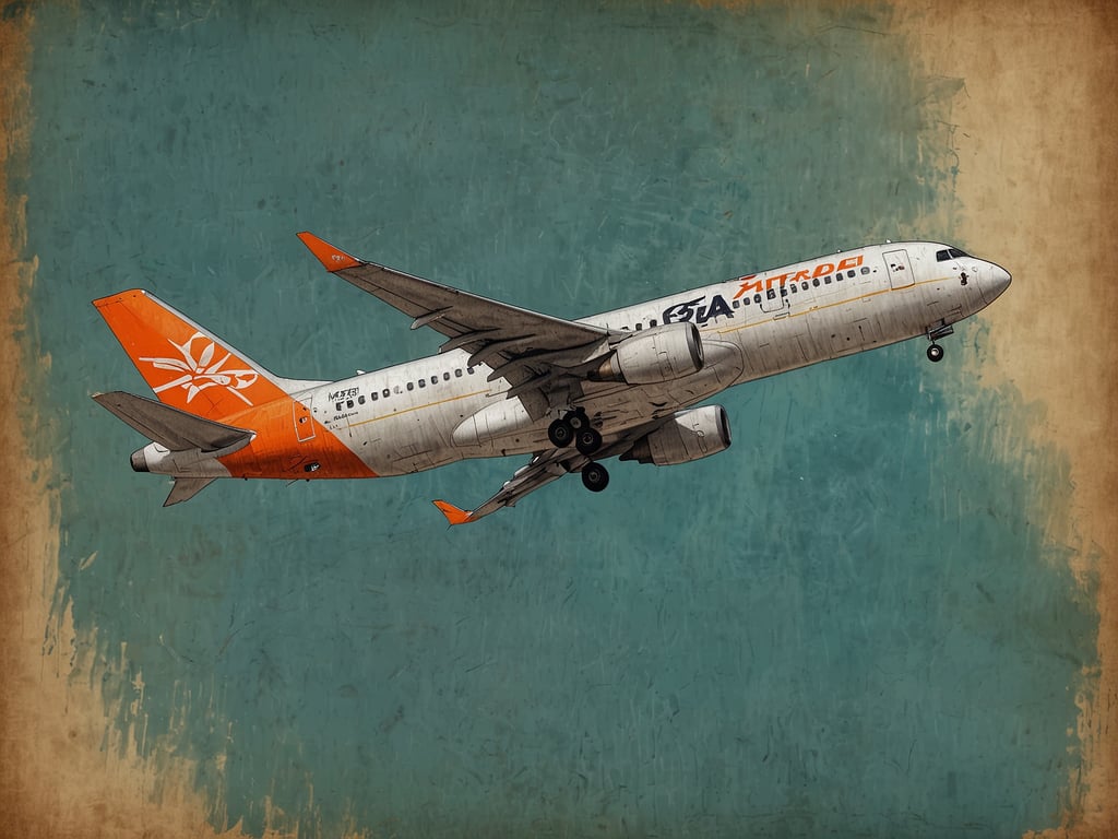 Auf dem Bild ist ein Flugzeug zu sehen, das abhebt. Es handelt sich um eine Illustration, die das Flugzeug in einem künstlerischen Stil darstellt. Die Farben und das Design scheinen modern zu sein. Wenn wir über Flugtarife sprechen, könnten wir erwähnen, dass die Preise für Flüge je nach Airline, Saison und Buchungszeitpunkt variieren. Außerdem können Faktoren wie die Flugzeit, die Strecke und die Ticketklasse die Kosten beeinflussen. Wer frühzeitig bucht, kann oft von günstigeren Tarifen profitieren.