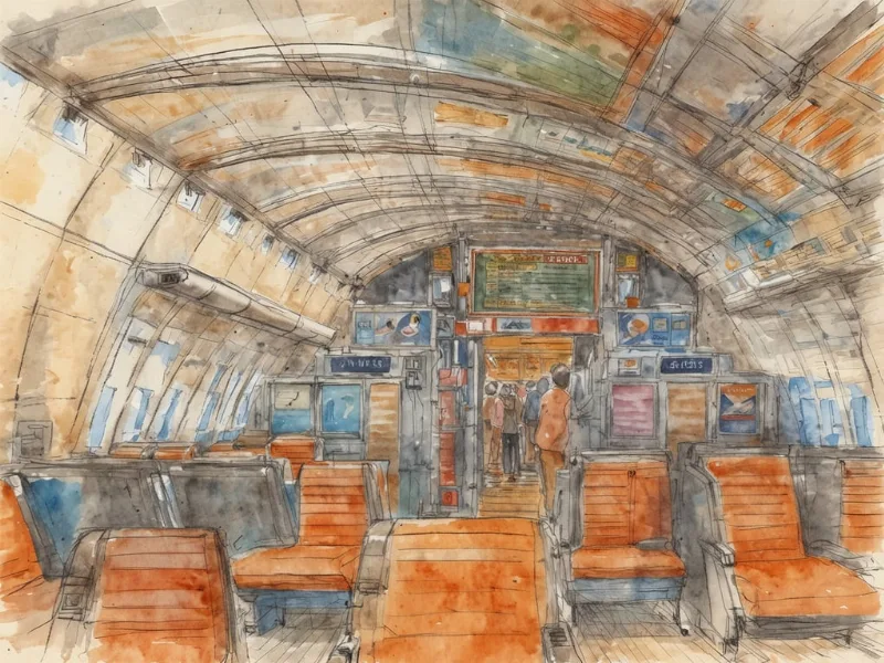 Illustration: Blauweißes Flugzeug im Landeanflug über einer abstrakten Flughafensilhouette mit Gitternetz und Vintage-Papier-Optik