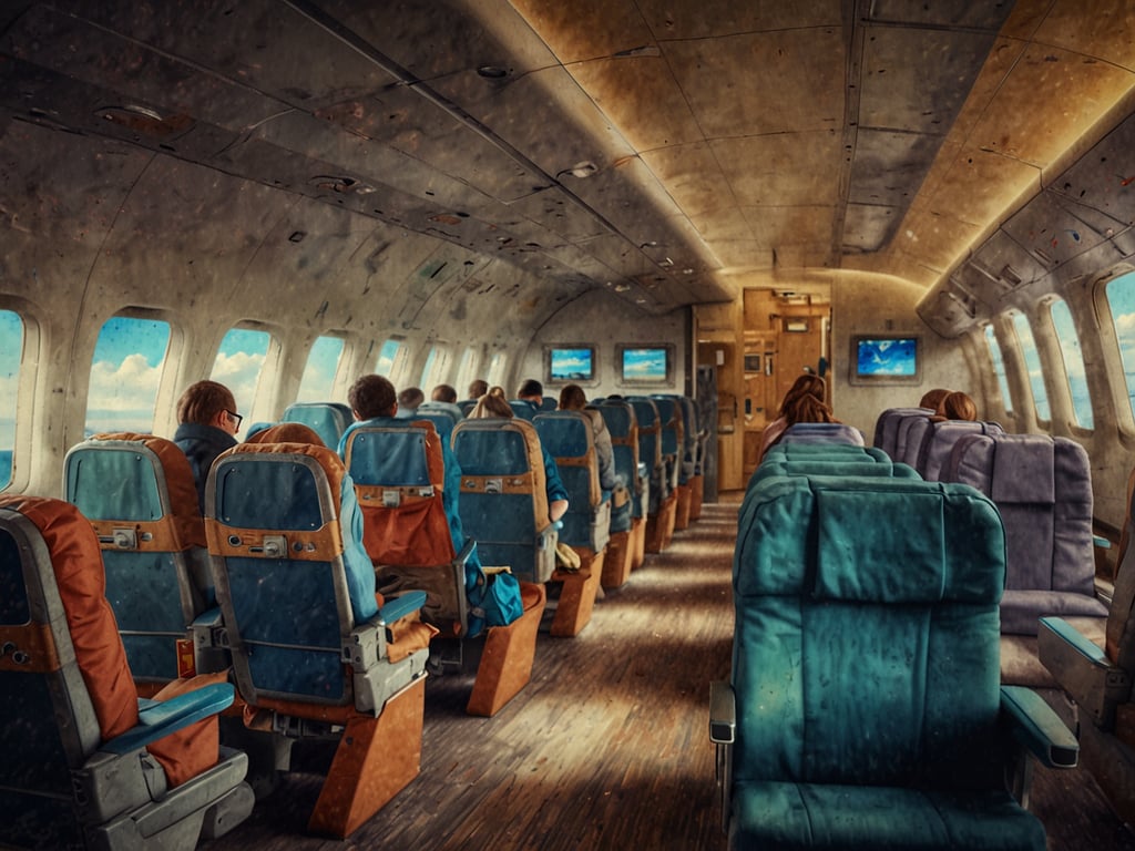 Auf dem Bild ist das Innere eines Flugzeugs zu sehen. Es zeigt die Sitzreihen, in denen Passagiere sitzen. Einige Personen tragen Masken, und es gibt Bildschirme an den Wänden, die möglicherweise Informationen oder Unterhaltung für die Fluggäste anzeigen. Die Fenster zeigen den Himmel und Wolken, was darauf hindeutet, dass das Flugzeug in der Luft ist. Der Boden und die Sitze sind in einem eher einfachen, aber funktionalen Design gehalten, typisch für den Flugverkehr.