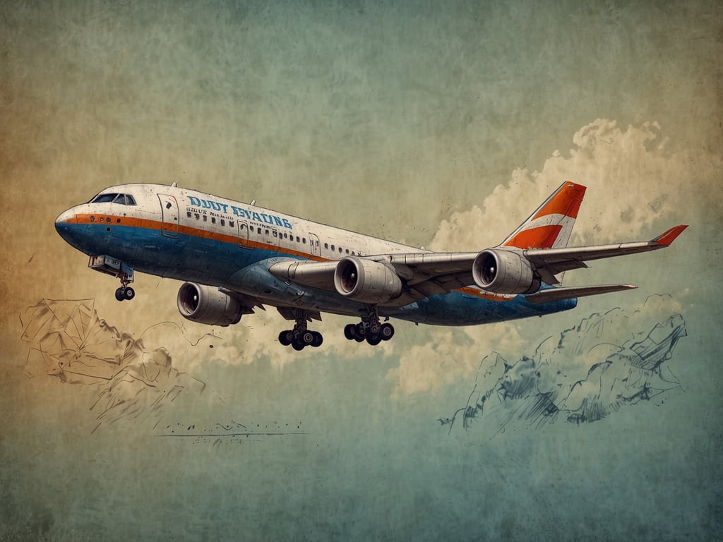 Auf dem Bild ist ein Flugzeug zu sehen, das in der Luft fliegt, mit einer markanten farblichen Gestaltung in Blau, Orange und Weiß. Es könnte sich um ein historisches oder künstlerisch dargestelltes Modell handeln. 

Wenn wir über Flugzeiten sprechen, könnte ein solches Flugzeug beispielsweise eine typische Kurzstrecke von etwa 1 bis 3 Stunden fliegen, abhängig von der Route und den Wetterbedingungen. Dies könnte zum Beispiel Flüge zwischen europäischen Städten wie Frankfurt und Barcelona sein.