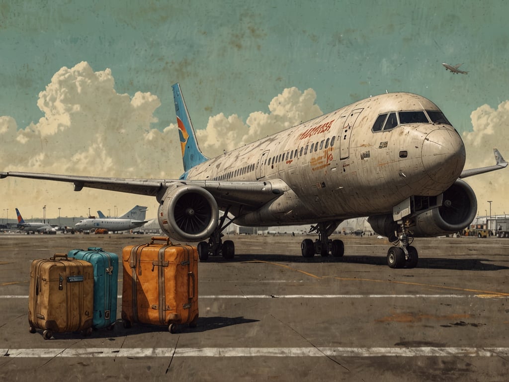 Auf dem Bild ist ein Flughafen zu sehen, an dem ein Flugzeug abfertigt wird. Das Flugzeug wirkt etwas abgenutzt und steht am Parkplatz. Vor dem Flugzeug sind drei Koffer platziert, die auf den Abflug von Passagieren hindeuten. Im Hintergrund erkennt man weitere Flugzeuge, die ebenfalls auf ihre Abfertigung warten. Die Szene vermittelt das geschäftige Treiben eines Flughafens.