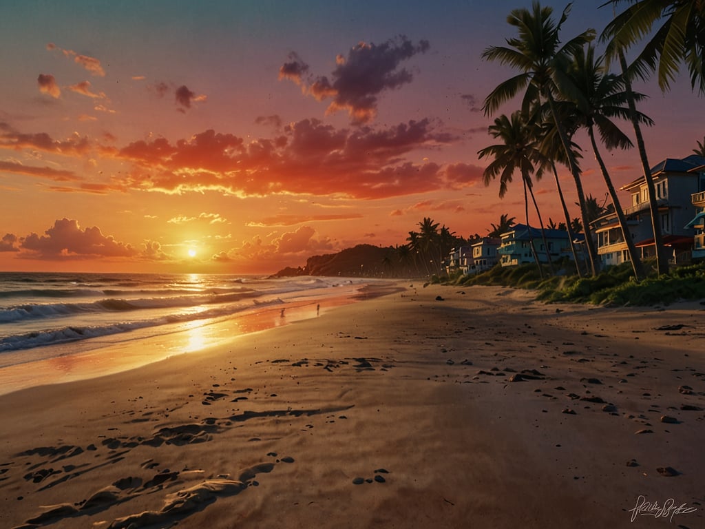 Erlebe die Magie des Praia do Futuro! Auf dem Bild ist ein malerischer Strand zu sehen, der von sanften Wellen und einem atemberaubenden Sonnenuntergang beleuchtet wird. Die orangefarbene Sonne sinkt langsam am Horizont, während die Wolken in warmen Farben leuchten. Schmucke Palmen säumen den Strand, und im Hintergrund sieht man einige hübsche Häuser, die eine entspannte Atmosphäre vermitteln. Insgesamt strahlt die Szene Ruhe und natürliche Schönheit aus.