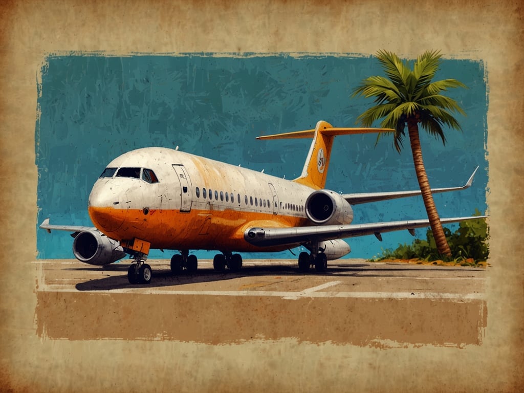 Auf dem Bild ist ein Flugzeug zu sehen, das auf einem Flughafen steht. Das Flugzeug hat eine orange-weiße Farbgebung und ist von einer tropischen Umgebung mit Palmen umgeben. Wenn Sie gerne reisen möchten, denken Sie darüber nach, frühzeitig zu buchen, um von einem Frühbucherrabatt zu profitieren!