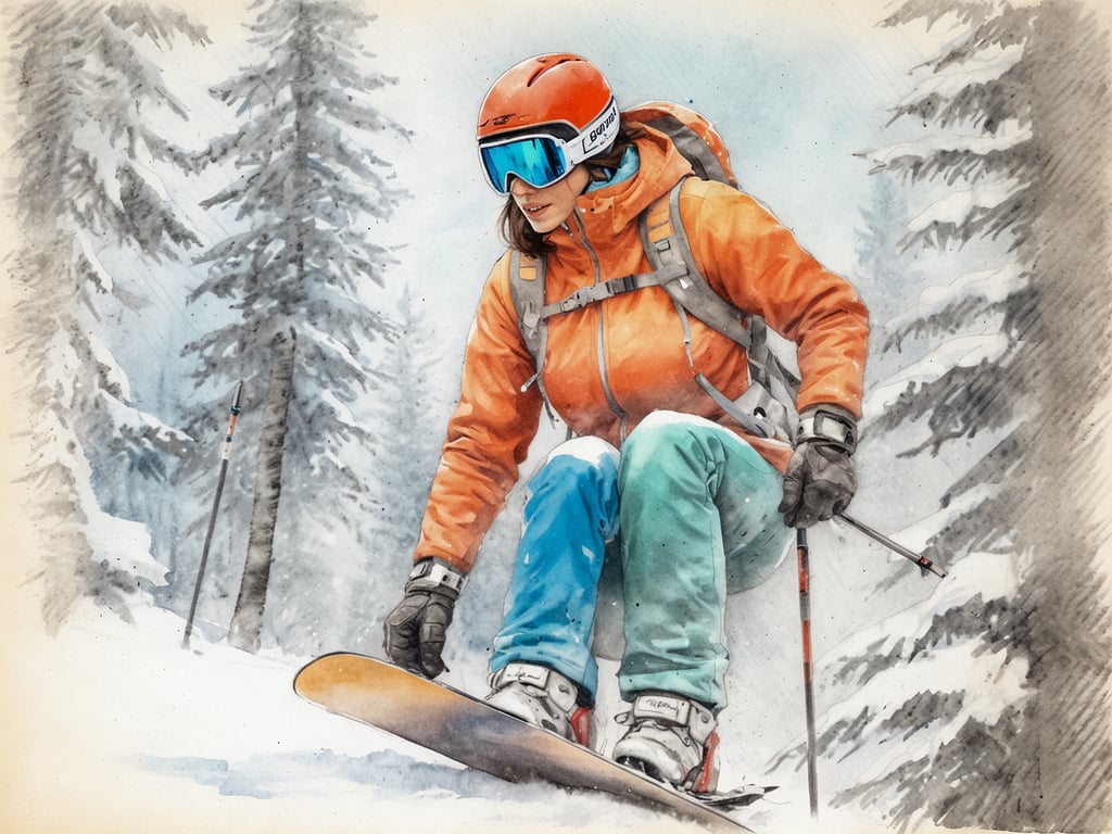 Auf dem Bild ist eine Person zu sehen, die auf einem Snowboard fährt, umgeben von verschneiten Bäumen. Diese Szene vermittelt eine gemütliche Atmosphäre, die beim Skifahren von Bedeutung ist. Eine entspannte Stimmung in den Bergen trägt dazu bei, die Verbindung zur Natur zu spüren und das adrenalingeladene Erlebnis des Skifahrens oder Snowboardens zu genießen. Die frische Luft, die Stille der verschneiten Landschaft und die Freude am Wintersport schaffen eine harmonische Umgebung, in der man die Herausforderungen und Erfolge auf der Piste noch intensiver erleben kann.