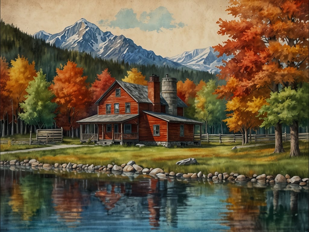 Auf dem Bild ist ein rotes Holzhaus in einer malerischen Landschaft zu sehen, umgeben von bunten Herbstbäumen und den schneebedeckten Gipfeln der Berge im Hintergrund. In der Nähe des Hauses fließt ein ruhiger Teich, der die Farben der Umgebung reflektiert.

Kanada ist bekannt für seine beeindruckende Natur, einschließlich der Rocky Mountains, der herbstlichen Laubfärbung und malerischer Seen. Zudem ist das Land für seine große Vielfalt an Wildtieren und seine erstklassigen Outdoor-Aktivitäten wie Wandern, Skifahren und Kanufahren bekannt. Es wird auch oft mit freundlichen Menschen und einer reichhaltigen kulturellen Vielfalt in Verbindung gebracht.