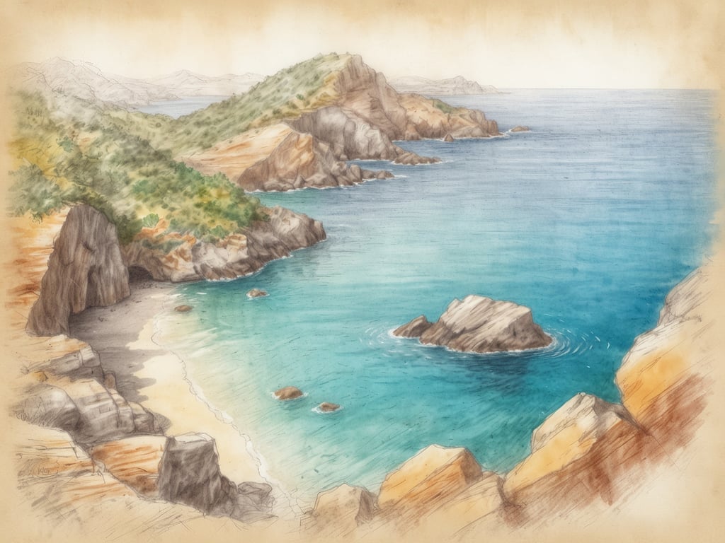 Auf dem Bild ist eine malerische Küstenlandschaft zu sehen, die zum Entdecken einlädt. Die sanften Hügel und steilen Felsen umrahmen eine ruhige Bucht mit klarem, türkisem Wasser. Geheime Buchten laden ein, erkundet zu werden, und versteckte Schätze könnten in den kleinen Ecken und unter den Felsen verborgen liegen. Der Anblick weckt die Fantasie von Abenteuern und Entdeckungen in dieser idyllischen Umgebung.