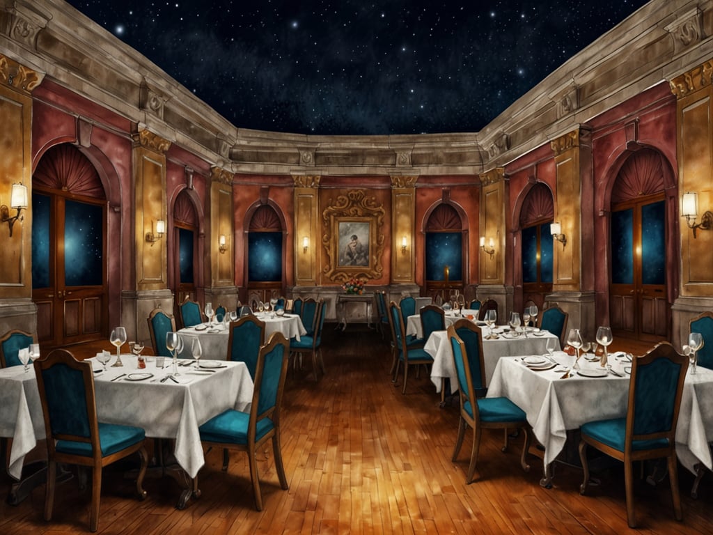 Auf dem Bild ist ein elegant eingerichteter Raum zu sehen, der für einen Galaabend vorbereitet ist. Die Tische sind mit weißen Tischdecken gedeckt und mit Gläsern sowie Besteck dekoriert. Die Wände sind geschmackvoll gestaltet, und der Raum hat eine festliche Atmosphäre mit einem Blick auf einen sternenklaren Himmel durch die Fenster. Die Kombination aus stilvollem Interieur und der romantischen Beleuchtung sorgt für ein gehobenes Ambiente, ideal für einen besonderen Anlass.