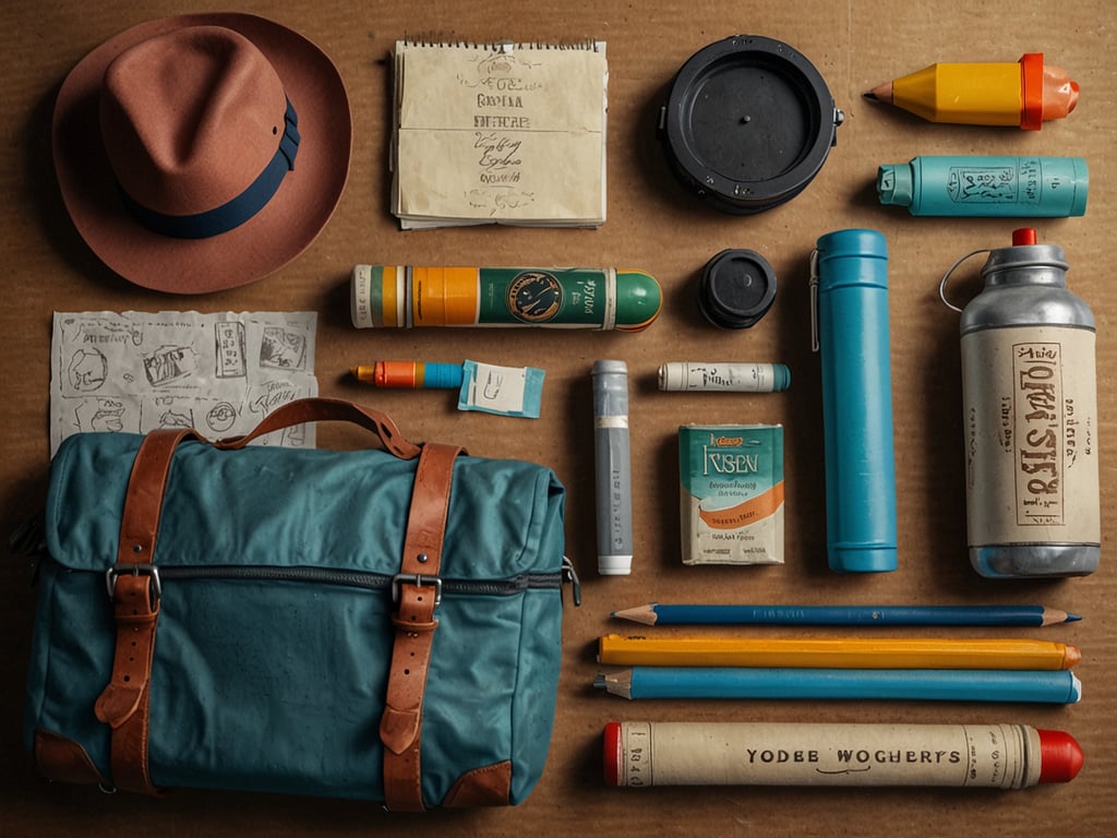 Auf dem Bild sind verschiedene Reiseutensilien und Schreibmaterialien zu sehen, darunter ein Hut, ein Rucksack, Stifte, Notizblöcke und eine Wasserflasche. Hier sind einige praktische Tipps für Reisende:

1. **Packliste erstellen**: Notiere dir vor der Reise, was du benötigst. So vergisst du wichtige Dinge nicht.

2. **Leichte Kleidung**: Der Hut schützt vor Sonne und kann leicht verstaut werden. Packe leicht und funktional.

3. **Wasserflasche**: Eine wiederverwendbare Flasche hilft, hydratisiert zu bleiben und Umweltverschmutzung zu vermeiden.

4. **Schreibmaterialien**: Notizblöcke und Stifte sind nützlich, um Erinnerungen festzuhalten oder wichtige Informationen zu notieren.

5. **Rucksackorganisation**: Halte deinen Rucksack gut organisiert, um schnell auf Dinge zugreifen zu können. Nutze verschiedene Fächer für unterschiedliche Gegenstände.

6. **Dokumentenaufbewahrung**: Halte wichtige Dokumente, wie Reisepass und Tickets, an einem sicheren Ort.

Diese Utensilien können die Reiseerfahrung angenehmer und strukturierter machen!