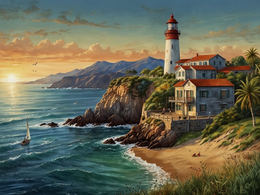 Auf dem Bild ist eine malerische Küstenlandschaft zu sehen. Im Vordergrund gibt es einen Strand mit ein paar Personen, die entspannt sitzen. Auf der rechten Seite steht ein schönes, mehrstöckiges Gebäude mit roten Dächern, das anscheinend bewohnt ist. Darüber hinaus befindet sich ein Leuchtturm auf einer Klippe, der das Meer überblickt. Das Wasser ist ruhig und hat verschiedene Blautöne, während die Sonne langsam untergeht und den Himmel in warmen Farben leuchten lässt. Am Horizont sind einige Berge zu erkennen, und ein Segelboot fährt gemächlich auf dem Wasser.
