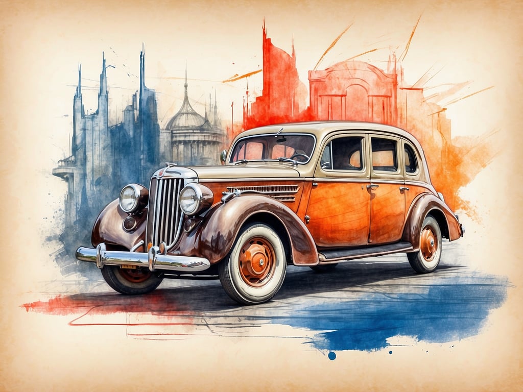 Auf dem Bild ist ein klassischer, vintage Wagen zu sehen, der an die Fahrzeuge aus dem Film „Die Glücksritter“ oder der beliebten Serie „Mad Men“ erinnert. Die kunstvolle Darstellung mit den lebhaften Farben im Hintergrund könnte in einer Filmszene oder als Teil einer nostalgischen Werbung für Oldtimer erscheinen. Solche Autos sind oft Symbol für eine vergangene Epoche und werden in vielen Unterhaltungsformaten als Darstellung von Stil und Eleganz verwendet.