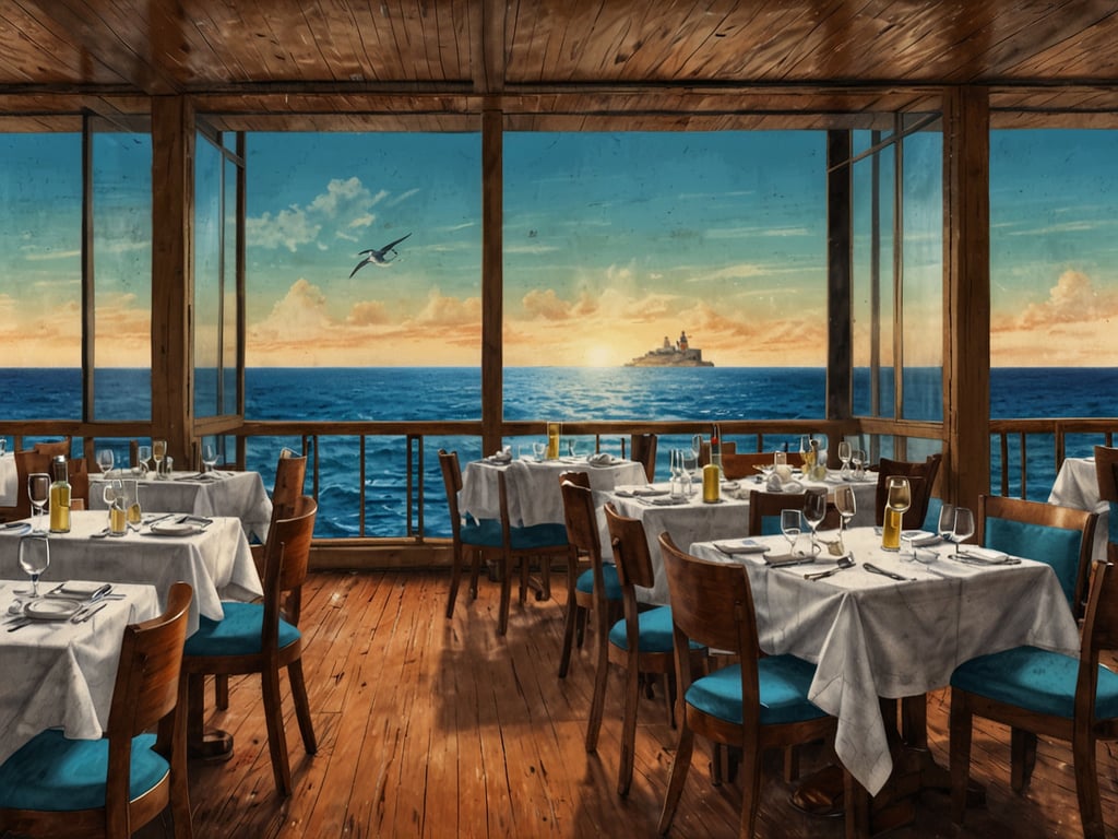 Auf dem Bild ist ein stilvolles Restaurant zu sehen, das sich an Bord eines Schiffes oder an einem maritimen Standort befindet. Die Tische sind liebevoll gedeckt, mit weißen Tischdecken, Gläsern und Besteck. Große Fenster bieten einen beeindruckenden Blick auf den Ozean und einen Sonnenuntergang, während ein Schiff in der Ferne zu sehen ist. Die Holzverkleidung und die gemütliche Atmosphäre vermitteln ein Gefühl von Eleganz und Behaglichkeit, ideal für Gastronomie an Bord.