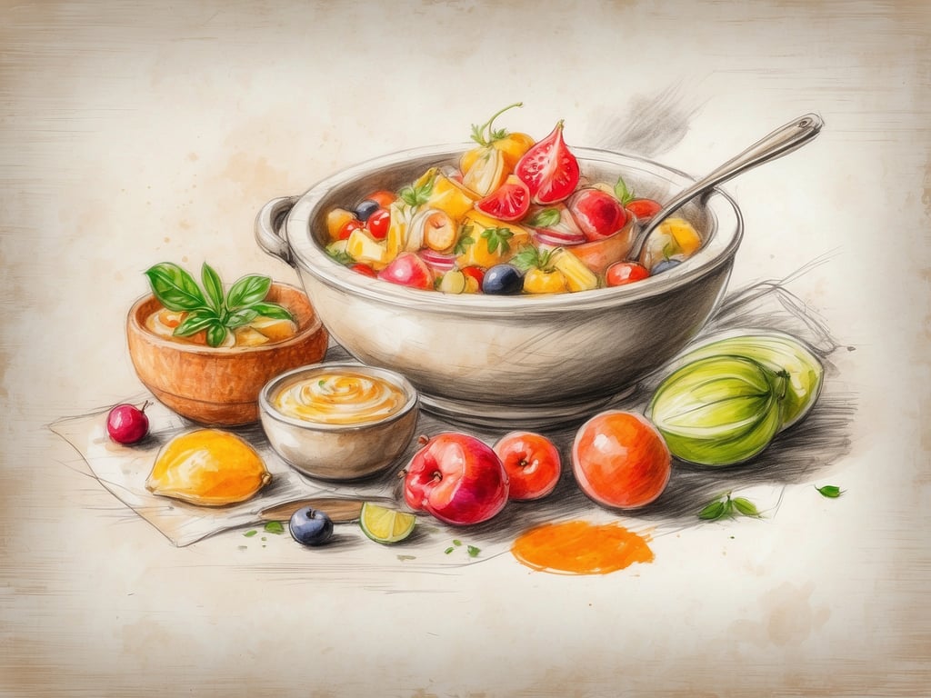 Auf dem Bild ist eine vielfältige und bunte Obstschüssel zu sehen, gefüllt mit verschiedenen Früchten und ergänzt durch mehrere kleine Schalen mit Saucen oder Dips. Kulinarische Highlights genießen könnte hierbei die Kombination der frischen Fruchtaromen und der appetitlichen Saucen darstellen, die ideal für einen gesunden Snack oder als Beilage zu einem Dessert geeignet sind. Die Farben und die Anordnung der Zutaten verleihen dem Bild eine einladende und fröhliche Atmosphäre.