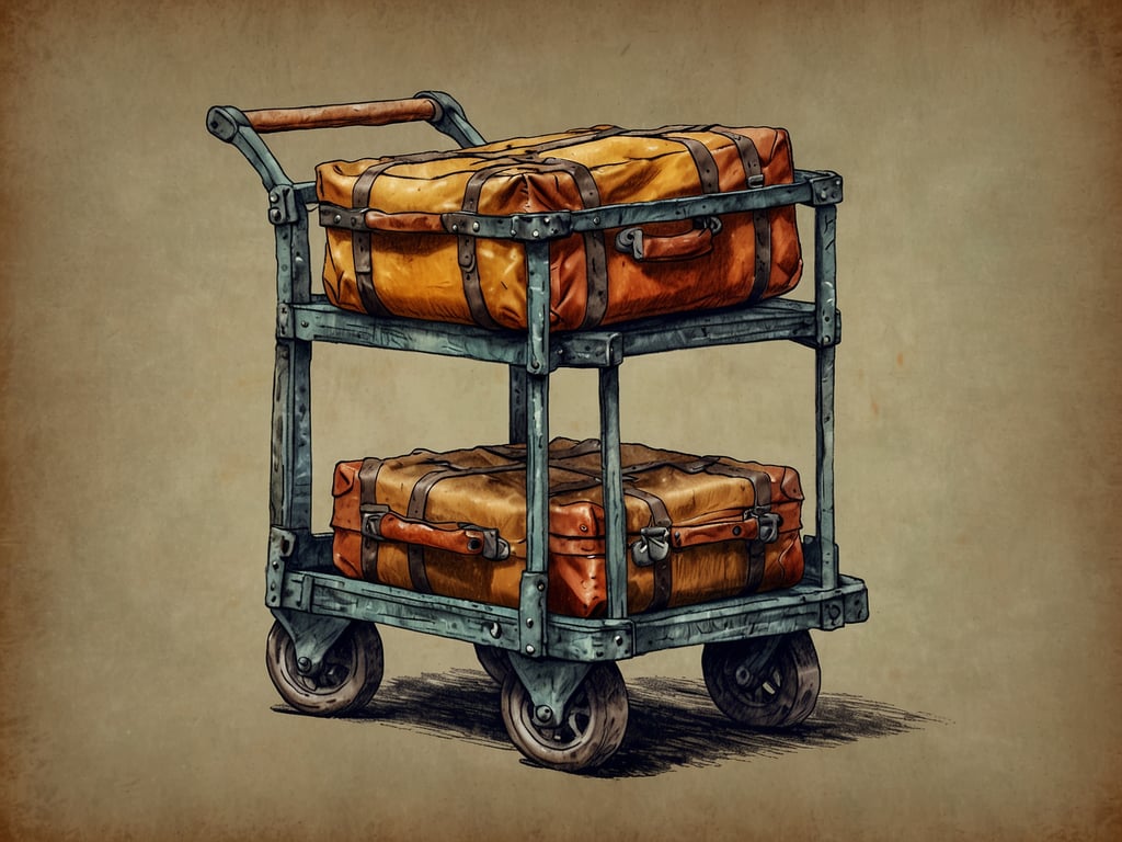 Auf dem Bild ist ein Gepäckwagen zu sehen, der mit zwei orangefarbenen Reisetaschen beladen ist. Die Taschen haben braune Lederträger und sind auf zwei Ebenen des Wagens angeordnet. Der Wagen selbst hat eine robuste Metallstruktur und insgesamt vier Räder.
