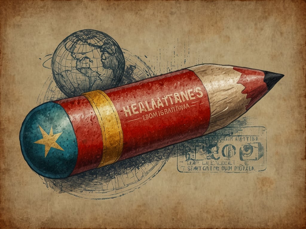Auf dem Bild ist ein großer, rot und blau gefärbter Bleistift abgebildet, der wie eine Kapsel aussieht. Im Hintergrund ist eine Weltkarte zu erkennen. Der Schriftzug „HEALTHTANES“ deutet möglicherweise auf eine Verbindung zu Gesundheit oder Medizin hin. Solche Darstellungen können darauf hinweisen, wie wichtig Bildung und Wissen für die Förderung der Gesundheit sind.

Es ist wichtig zu beachten, dass künstlerische Darstellungen wie diese symbolisch für Themen wie Öffentlichkeit, Gesundheitsaufklärung oder globale Gesundheitsinitiativen stehen können. In jedem Fall sollten solche Informationen stets kritisch und im Kontext aktueller Gesundheitsrichtlinien betrachtet werden.