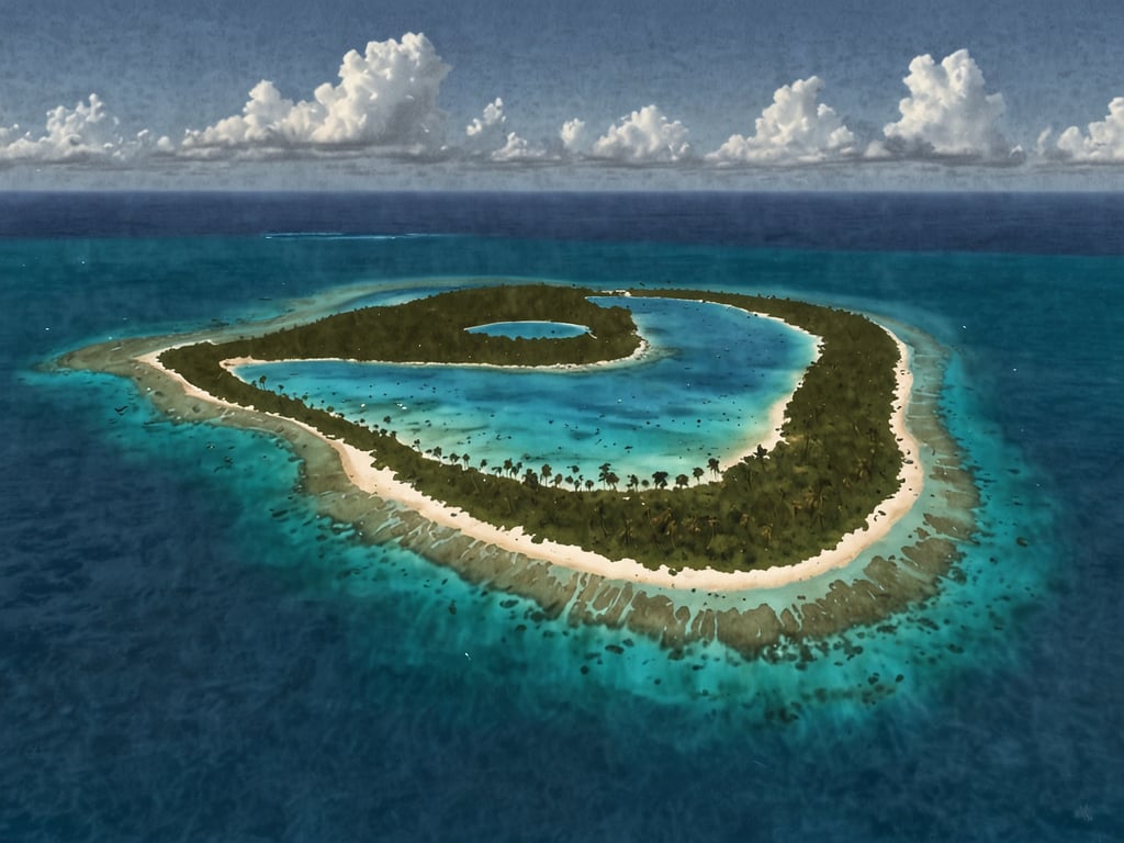 Das Bild zeigt eine Luftaufnahme eines Atolls, das üppige grüne Vegetation und einen umliegenden wasserblauen Ozean präsentiert. Es zeigt vermutlich das Glover's Reef Atoll, das bekannt für seine beeindruckenden Korallenriffe und die vielfältige Meeresfauna ist. 

Glover's Reef Atoll liegt in Belize und ist Teil eines UNESCO-Weltkulturerbes. Es bietet zahlreiche Möglichkeiten zum Schnorcheln und Tauchen, wobei Besucher die reiche Unterwasserwelt erkunden können. Zudem ist das Atoll ein beliebter Ort für Naturliebhaber und Abenteuerreisende, die die unberührte Schönheit der Karibik erleben möchten.