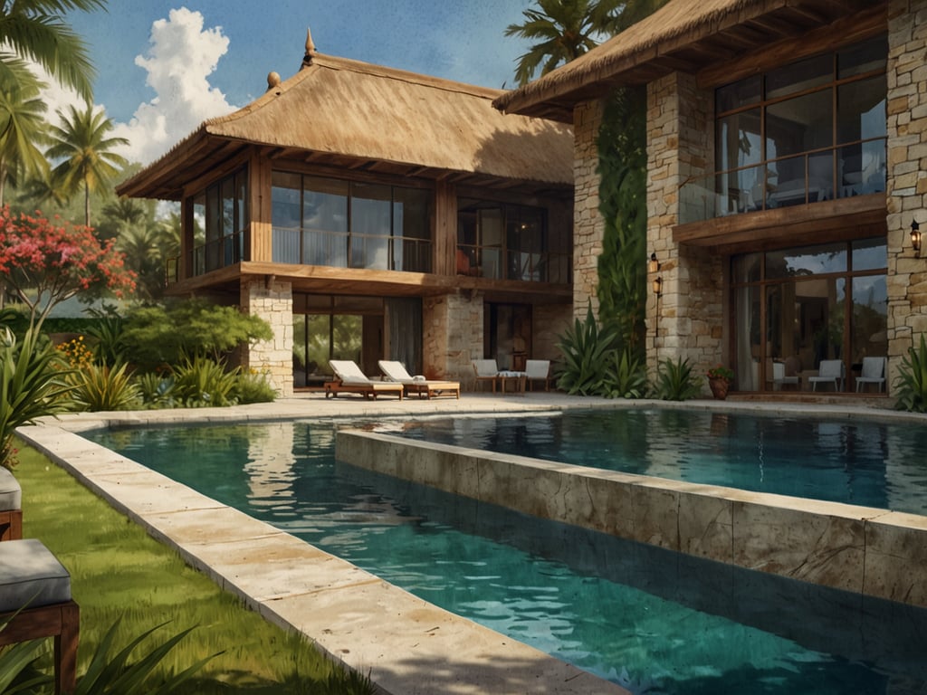 Auf dem Bild ist eine luxuriöse Landschaft zu sehen, die an ein Glückshotel erinnert. Es gibt ein elegantes Gebäude mit einem Strohdach und großen Fenstern, umgeben von üppigem Grün und tropischen Pflanzen. Ein klarer Pool reflektiert die Umgebung und lädt zum Entspannen ein. Die gesamte Szenerie vermittelt ein Gefühl von Ruhe und Erholung, perfekt für einen Aufenthalt in einem Glückshotel.