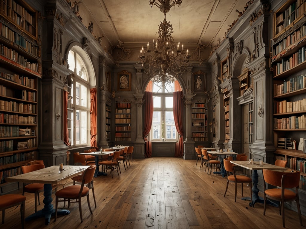Auf dem Bild ist eine elegante Bibliothek zu sehen, die einen nostalgischen und kunstvollen Charakter hat. Die Architektur zeichnet sich durch hohe Decken, prunkvolle Fenster und geschmackvolle Verzierungen an den Wänden aus. 

Die Wände sind mit Bücherregalen gefüllt, die eine Vielzahl an Büchern beherbergen, während große Fenster viel Licht hereinlassen. Prächtige, rote Vorhänge verleihen dem Raum eine gemütliche Atmosphäre. 

Es gibt mehrere Tische und Stühle, die zum Verweilen einladen, was die Bibliothek zu einem attraktiven Ort zum Lesen und Entspannen macht. Ein großer Kronleuchter sorgt für eine stilvolle Beleuchtung. Zusammen schaffen diese Elemente eine beeindruckende und einladende Umgebung.