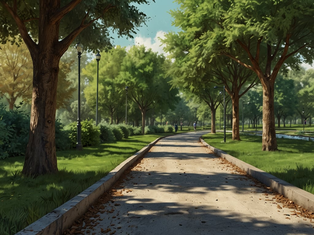 Auf dem Bild ist ein ruhiger Parkweg zu sehen, umgeben von üppigem Grün und Bäumen. Die Szenerie strahlt eine friedliche Atmosphäre aus, die an die 