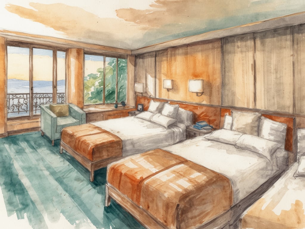 Auf dem Bild ist ein Hotelzimmer zu sehen, das mit zwei Betten und einem bequemen Sessel eingerichtet ist. Es hat große Fenster, die viel Tageslicht hereinlassen und einen Blick auf eine schöne Landschaft bieten.

Wenn wir über die Top-Golfplätze in Südafrika sprechen, gibt es einige hervorragende Optionen, wie den 