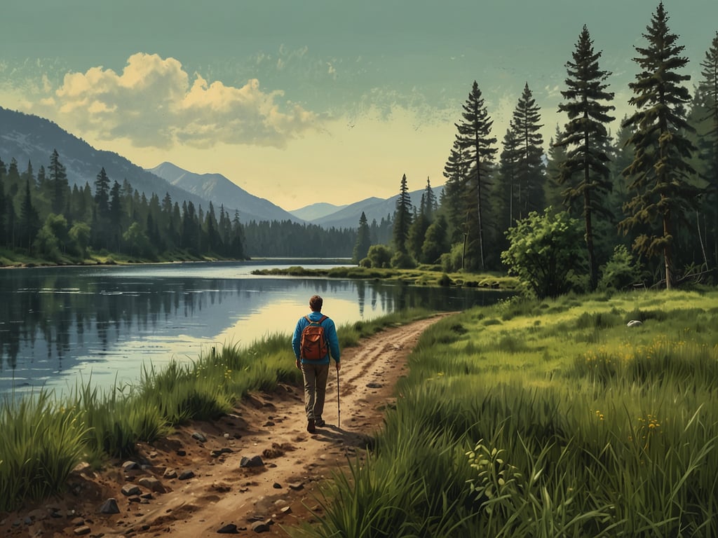 Auf dem Bild ist eine ruhige Naturlandschaft zu sehen, die ideal für Naturliebhaber ist. Ein Wanderer spaziert entlang eines malerischen Weges, der sich am Ufer eines Gewässers schlängelt. Die Umgebung ist von hohen Bäumen und sanften Hügeln geprägt, was ein perfektes Setting für Aktivitäten wie:

- **Wandern**: Die schöne Landschaft lädt zu ausgedehnten Wanderungen ein.
- **Vogelbeobachtung**: In solchen Gebieten gibt es oft viele verschiedene Vogelarten zu entdecken.
- **Fotografie**: Die beeindruckende Natur bietet zahlreiche Motive für die Landschaftsfotografie.
- **Angeln**: Der ruhige Fluss könnte ein guter Platz für Angler sein.
- **Picknicken**: Man könnte sich auch mit einer Decke und Snacks an den Ufer setzen und die Natur genießen.

Diese Aktivitäten ermöglichen es, die Natur in vollen Zügen zu erleben und sich zu entspannen.