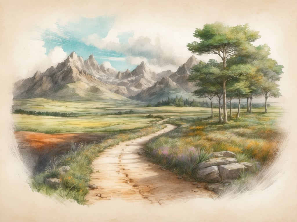 Auf dem Bild ist eine malerische Landschaft zu sehen. Entdecke die Umgebung: Ein kurvenreicher Weg führt durch sanft hügelige Wiesen, umgeben von bunten Blumen und kleinen Büschen. Im Hintergrund erheben sich majestätische Berge, deren Gipfel teilweise von Wolken umgeben sind. Einige Bäume stehen am Wegesrand und verleihen der Szene eine friedliche Atmosphäre. Die sanften Farben und die Zeichentechnik vermitteln ein Gefühl von Ruhe und Naturverbundenheit.