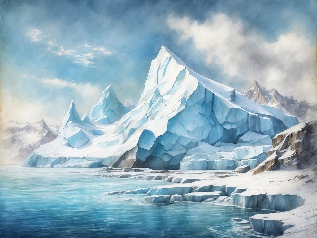 Auf dem Bild ist die Schönheit der Eisberge zu sehen. Massive Eisformationen erheben sich majestätisch über das glitzernde, ruhige Wasser. Ihre bläuliche Farbe strahlt in der Sonne, während die umliegende Landschaft mit schneebedeckten Bergen einen eindrucksvollen Kontrast bietet. Wolken am Himmel verleihen dem Bild eine traumhafte Atmosphäre, die die ruhige und zugleich beeindruckende Natur widerspiegelt.