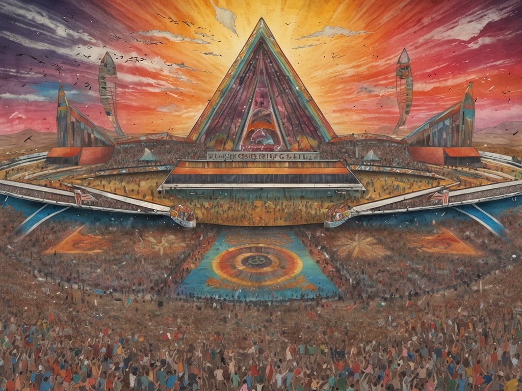 Auf dem Bild ist ein beeindruckendes Festivalgelände zu sehen, das an legendäre Festivals erinnert, die man unbedingt erlebt haben muss. 

Man könnte es mit dem **Burning Man** vergleichen, einem einzigartigen Festival in der Wüste von Nevada, das für seine Kunstinstallationen und seine Community bekannt ist. 

Ein weiterer Bezug könnte zu **Tomorrowland** in Belgien bestehen, berühmt für seine spektakulären Bühnen und die große internationale Besucherzahl. 

Die farbenfrohe und lebendige Darstellung deutet auf eine Vielzahl von Aktivitäten und eine fröhliche Menschenmenge hin, was typisch für große Musikfestivals ist. Die Kulisse lässt die Magie und Energie solcher Events erahnen.