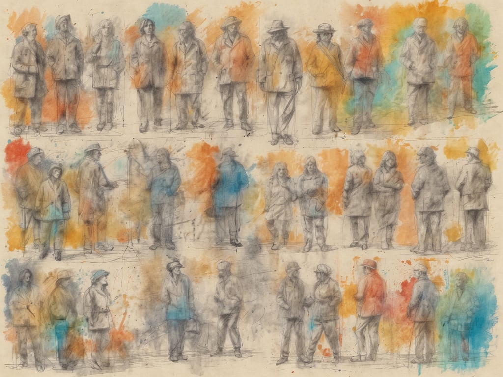Auf dem Bild sind Skizzen von mehreren Figuren zu sehen, die in verschiedenen Posen stehen oder miteinander interagieren. Die Figuren scheinen in einer Art urbaner Umgebung oder in einem sozialen Kontext dargestellt zu sein. Es handelt sich um schemenhafte Zeichnungen, bei denen die Gesichter und Details grob gehalten sind, während die Hintergrundfarbe in lebhaften Orange- und Blautönen gestaltet ist, die eine dynamische Atmosphäre schaffen.

Der Blick auf die Künstler und deren Line-ups könnte darauf hinweisen, dass diese Skizzen Teil einer Sammlung oder Studie sind, die unterschiedliche Menschengruppen oder soziale Interaktionen untersucht. Möglicherweise stehen die Figuren symbolisch für verschiedene Charaktere in einem größeren narrativen Konzept.