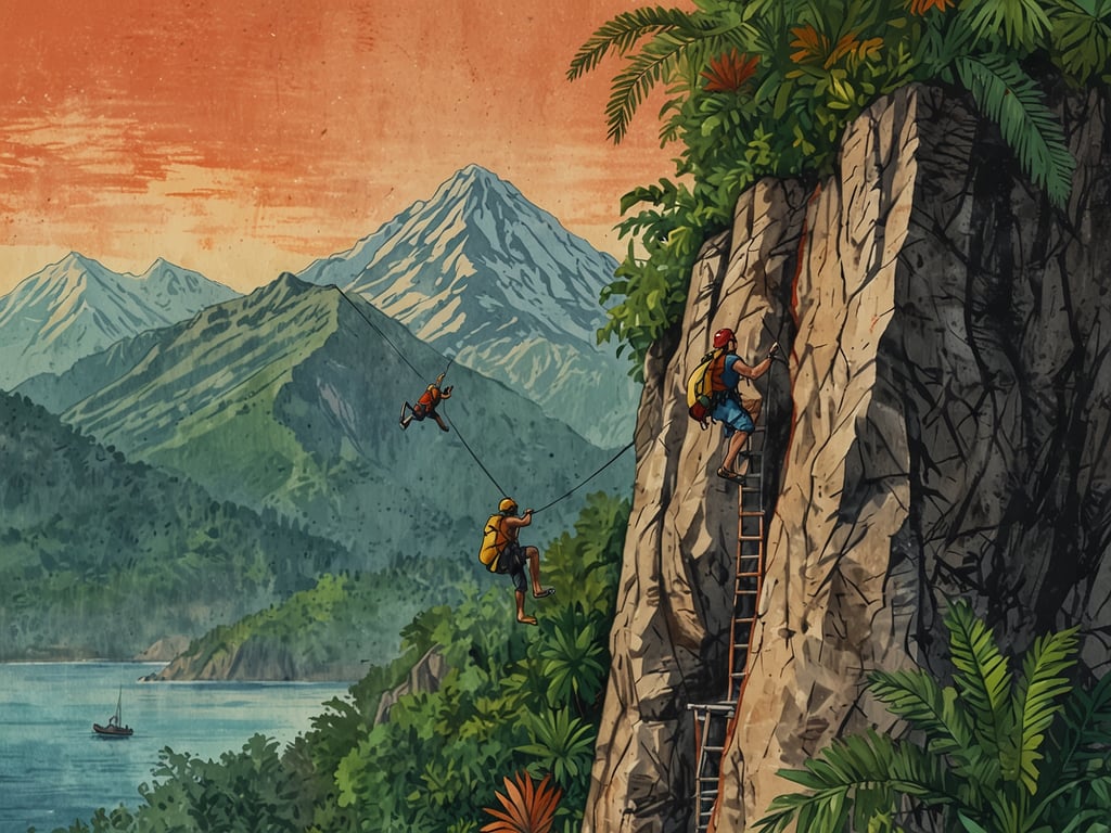 Auf dem Bild sind abenteuerlustige Aktivitäten in einer beeindruckenden Berglandschaft zu sehen. Es zeigt mehrere Kletterer, die an einer steilen Felswand steigen. Während einer der Kletterer eine steile Leiter benutzt, scheinen die anderen sich an Seilen abzusichern und sich durch die atemberaubende Natur zu bewegen. Diese Szene inspiriert zu Aktivitäten wie:

- **Klettern**: Egal ob Felsklettern oder Sportklettern, die Herausforderung, die Natur zu erkunden und Höhen zu überwinden, ist ein großes Abenteuer.
- **Wandern**: Die Umgebung lädt auch zu längeren Wanderungen durch die Berge und Wälder ein, um die beeindruckenden Ausblicke zu genießen.
- **Abseilen**: Ein Abenteuer für den Nervenkitzel, wo man sicher von einer Höhe abseilen kann.
- **Naturerkundung**: Die malerische Umgebung bietet zahlreiche Möglichkeiten für Tierbeobachtungen und das Erforschen der Flora.

Diese Aktivitäten sind perfekt für diejenigen, die die Natur lieben und das Adrenalin spüren möchten!