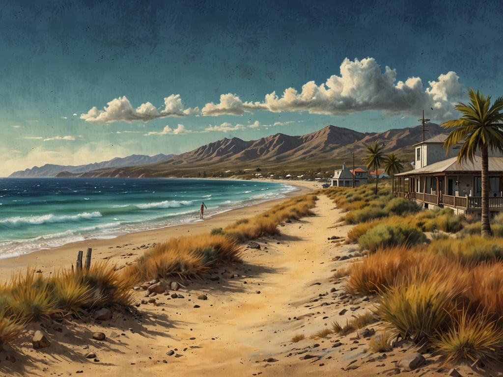 Auf dem Bild ist eine malerische Küstenlandschaft zu sehen, die einen Sandstrand mit sanften Wellen und einer hügeligen Berglandschaft im Hintergrund zeigt. Ein einsamer Wanderer spaziert am Ufer entlang, umgeben von Gras und kleinen Sträuchern. Die Häuser am Strand verleihen der Szene einen gemütlichen Charme.

Die perfekte Reisezeit für Guanaja ist von Dezember bis April, wenn das Wetter trocken und angenehm warm ist. Diese Monate bieten die besten Bedingungen, um die natürliche Schönheit und die Strände der Insel zu genießen.