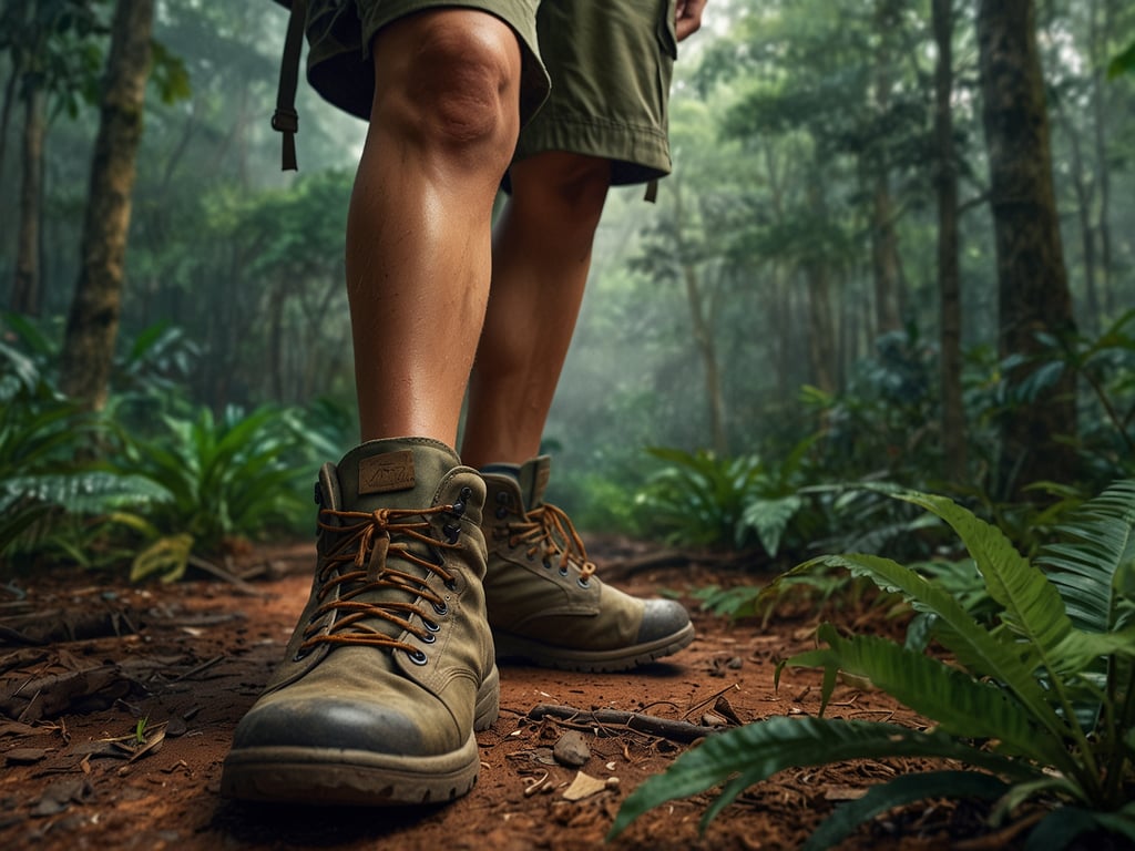 Auf dem Bild sind wandernde Füße in einem dichten, grünen Wald zu sehen. Hier sind einige praktische Tipps für Reisende nach Guaviare:

1. **Wanderstiefel**: Investiere in gute, wasserdichte Wanderschuhe, die für den Dschungel geeignet sind. Sie bieten Halt und Schutz.

2. **Mücken- und Insektenschutz**: Verwende Mückenspray und trage lange Ärmel und Hosen, um Insektenstiche zu vermeiden.

3. **Regenkleidung**: Das Wetter kann unberechenbar sein. Ein leichter, atmungsaktiver Regenponcho ist sinnvoll.

4. **Hydratation**: Nimm genug Wasser mit, besonders während längerer Wanderungen. Wasserfilter oder -tabletten können nützlich sein.

5. **Respektiere die Natur**: Halte Abstand zu Tieren und hinterlasse keinen Müll.

6. **Guides und Touren**: Es ist ratsam, geführte Touren zu buchen, um die Region sicher zu erkunden und mehr über die lokale Flora und Fauna zu erfahren.

7. **Ausrüstung**: Eine gute Kamera und ein Fernglas können hilfreich sein, um die natürliche Schönheit und Tierwelt festzuhalten. 

Viel Spaß beim Entdecken von Guaviare!