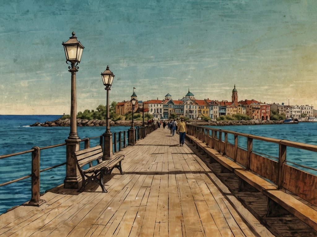 Auf dem Bild ist eine schöne Uferpromenade zu sehen, die sich am Wasser entlangzieht. Diese Szene erinnert an den Malecon 2000: Ein Blickfang am Wasser. Der Gehweg aus Holz wird von Laternen gesäumt, und die Menschen, die dort spazieren, genießen die Aussicht auf das Wasser und die farbenfrohen Gebäude im Hintergrund. Die entspannte Atmosphäre und die malerische Umgebung machen diesen Ort zu einem einladenden Ziel für Besucher und Einheimische gleichermaßen.